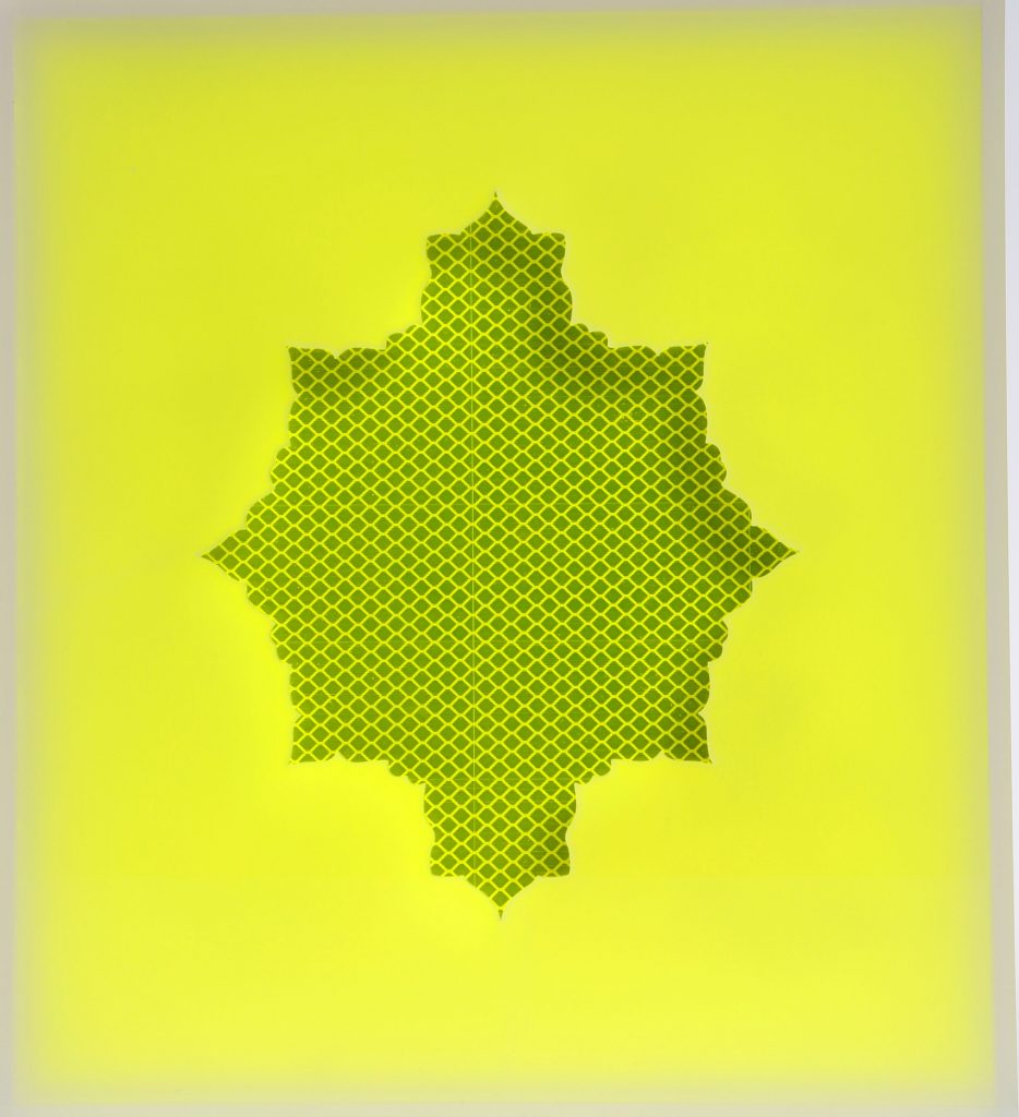 CQ-044-image,Reflecting Yellow on Yellow #1, 2015 Laser cut acrylic and hand-cut reflective material 29 x 26 cm