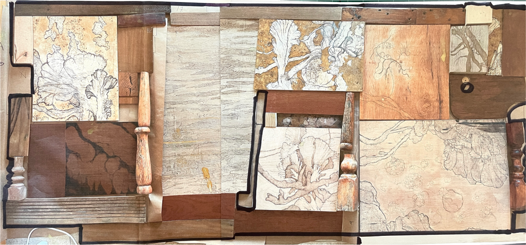 ED-033-image,Untitled from I went on a trip series, 2023 Drawing on scrap wood 140 x 283 cm