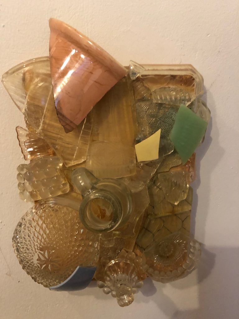 HH-064-image,Pink Cut (wall object) , 2019 Glass and pottery shards on wood 2 3 4 high x 9 1 4 wide x 4 1 4 deep