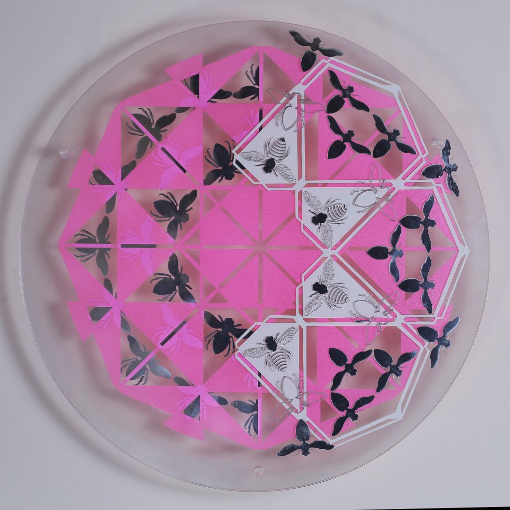 HMS-001-image,To fly towards a secret sky, 2019 Paper cut drawing on various materials 61 x 61 cm