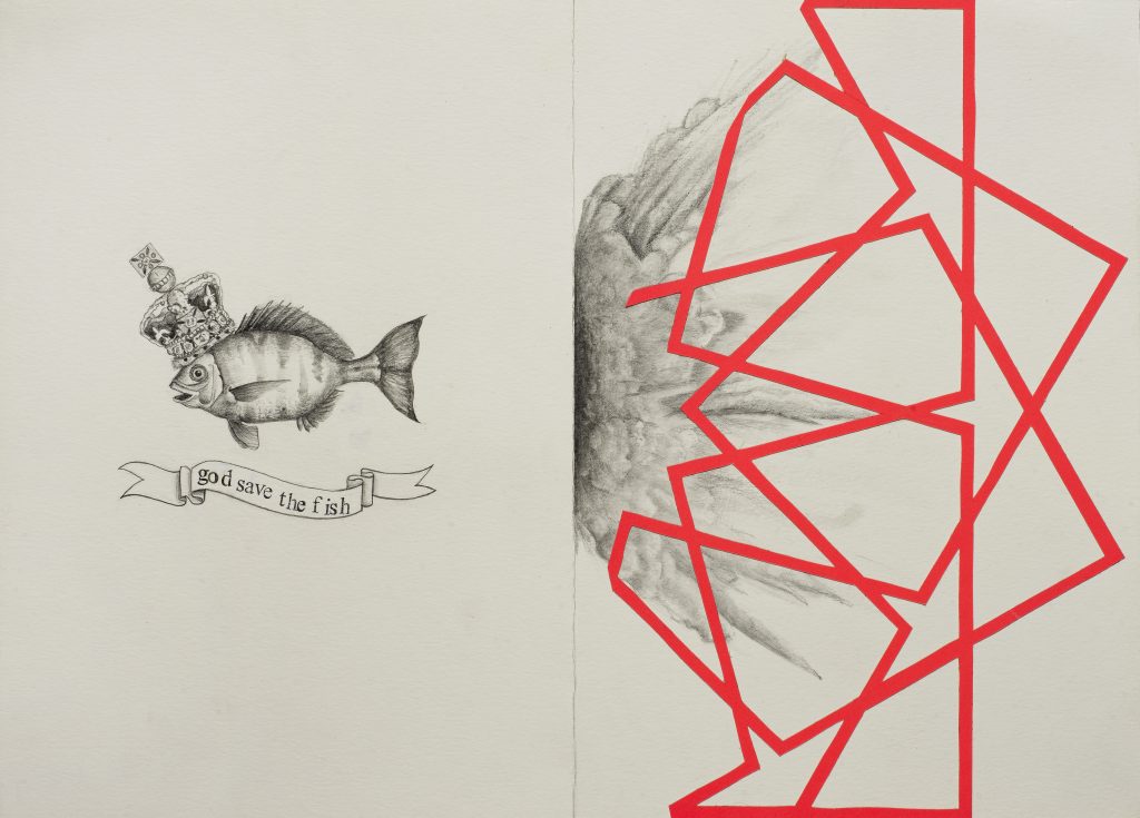 HMS-019-image,God save the fish Graphite and paper cut drawing 36x50cm