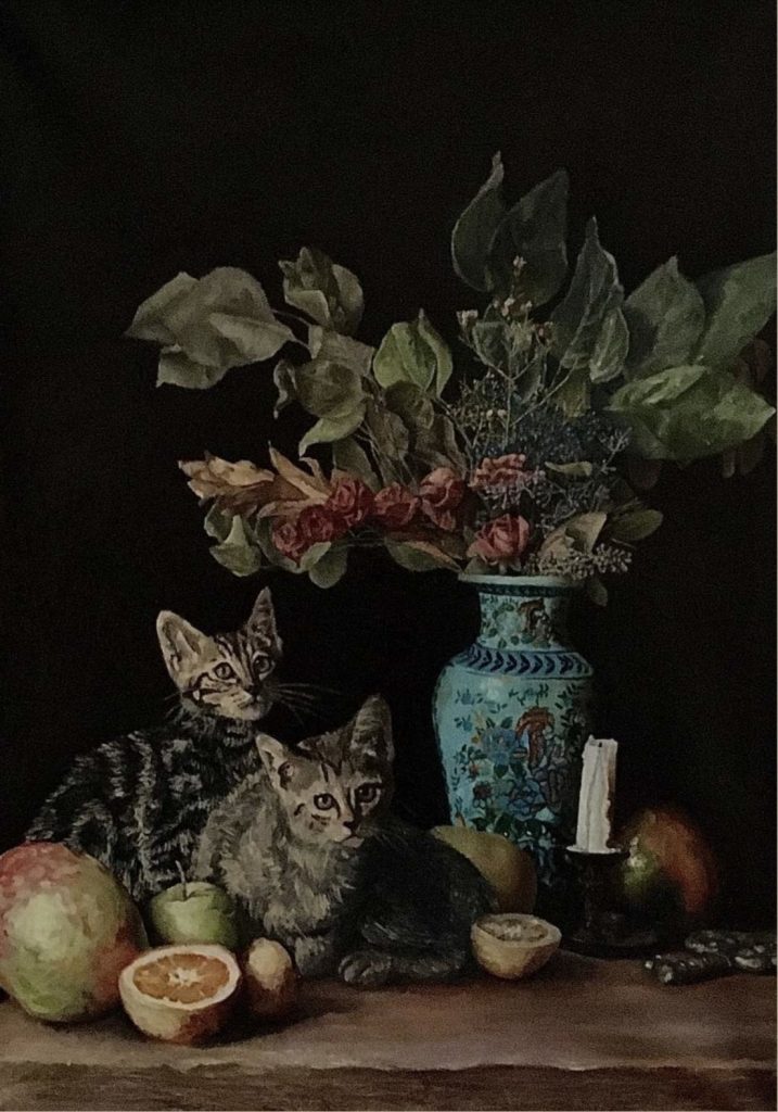 MMO-007-image,Still Life with Cats and Candle, 2021 Oil on Canvas 50 x 70 cm