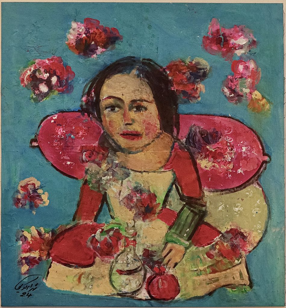 SKA003-image,Qajar Woman, 2024 Mixed Media on Fabric 70 x 75 cm